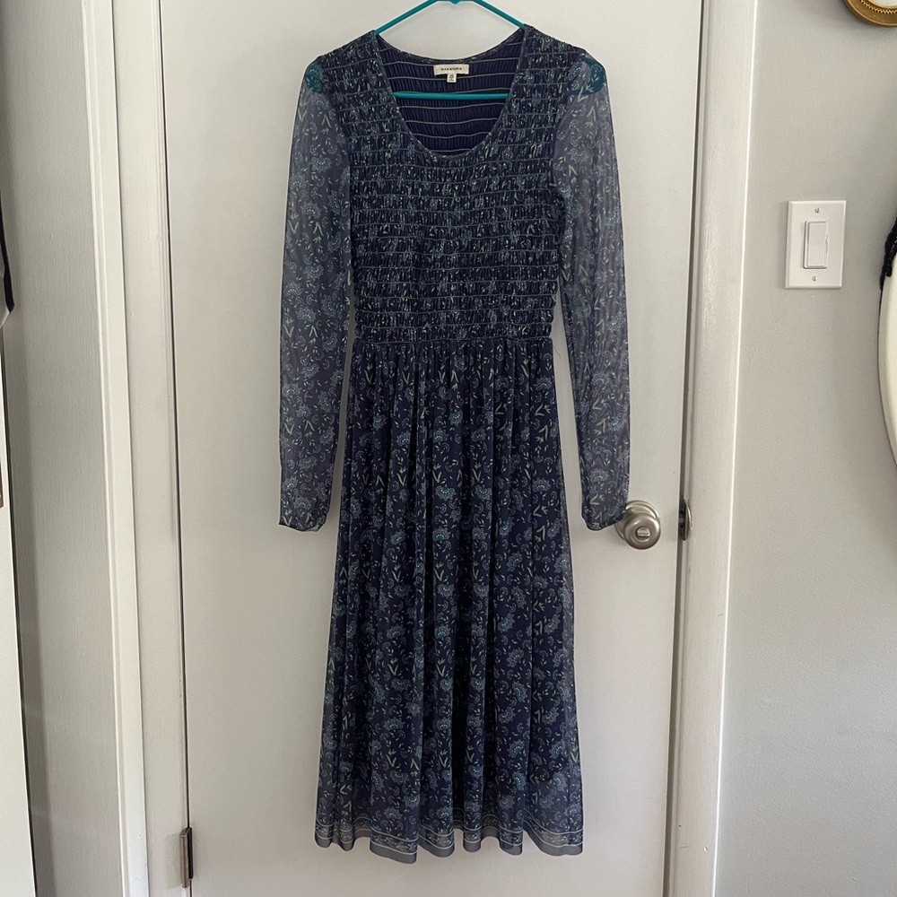 Max Studio Floral Ruffle Maxi Dress size XS V-Neck Smock Waist Long Sleeve Blue